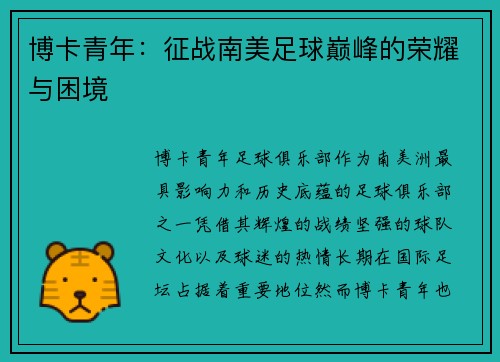 博卡青年：征战南美足球巅峰的荣耀与困境